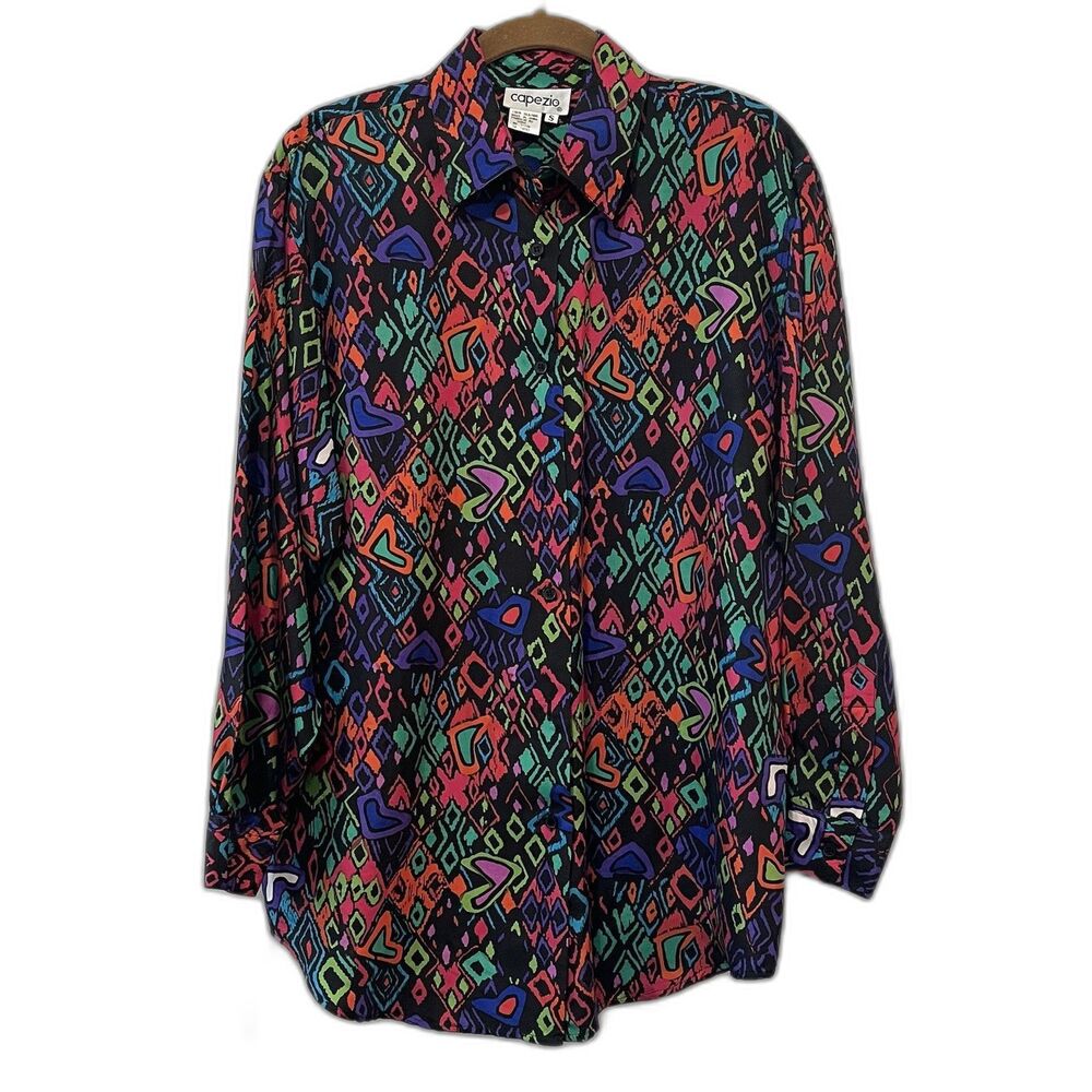 Vintage Capezio Shirt Women’s Small Silk Button Up Colorful 90s Art Bright Tunic